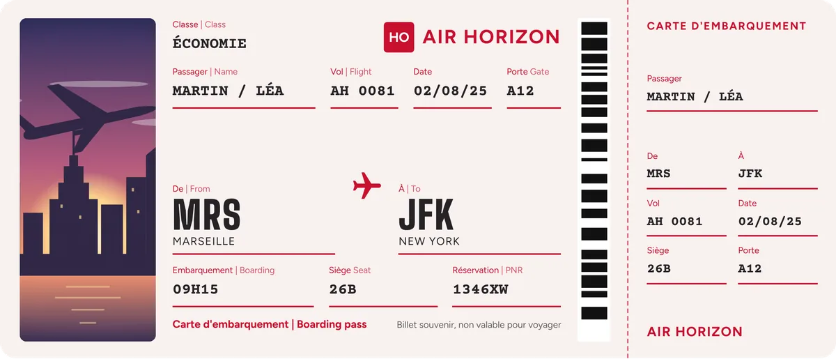 Exemple de carte d'embarquement souvenir Print My Ticket au format 210 × 90 mm, avec photo, villes et codes d'aéroport, vol, date, siège et talon