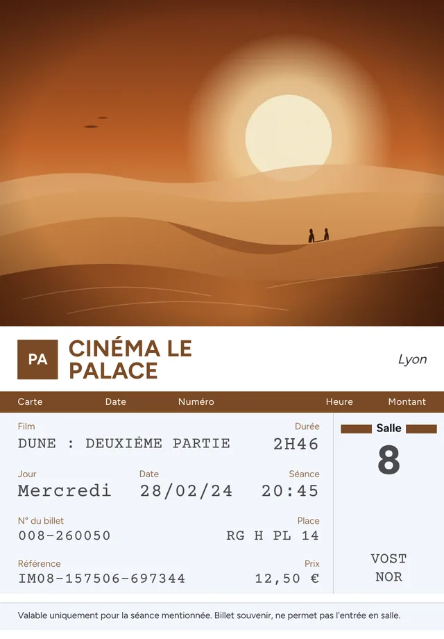 Exemple de ticket de cinéma souvenir Print My Ticket au format 80 × 115 mm, avec photo, titre du film, salle, date, séance et place