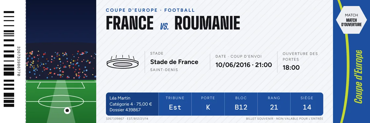 Exemple de billet de match souvenir Print My Ticket au format 210 × 70 mm, avec photo, équipes, compétition, stade, date, tribune, bloc, rang et siège